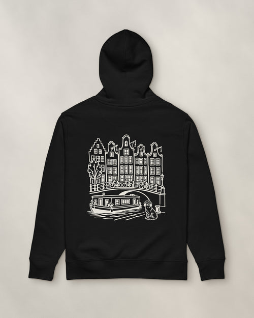 Amsterdam Chapter Hoodie - Black, back: the canal in cream ink, 30 cm wide
