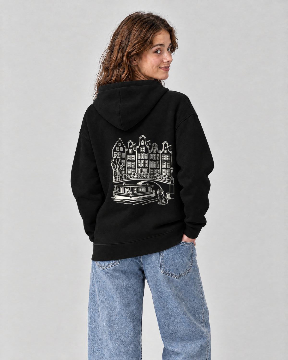 Amsterdam Chapter Hoodie - Black on a model, from behind