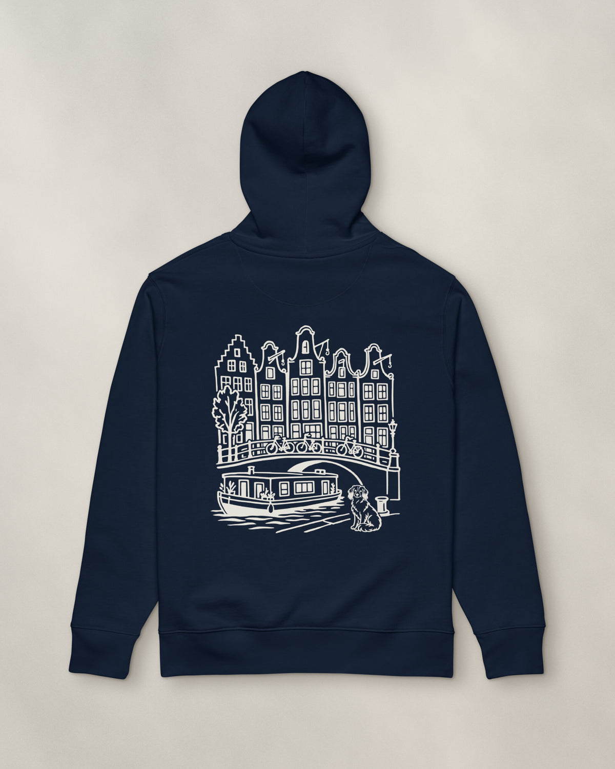 Amsterdam Chapter Hoodie - Navy, back: the canal in cream ink, 30 cm wide
