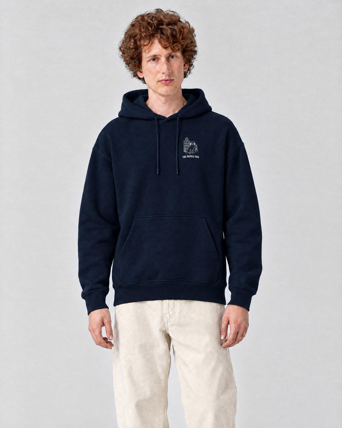Amsterdam Chapter Hoodie - Navy on a model, from the front