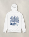 Amsterdam Chapter Hoodie - White, back: the canal in navy ink, 30 cm wide