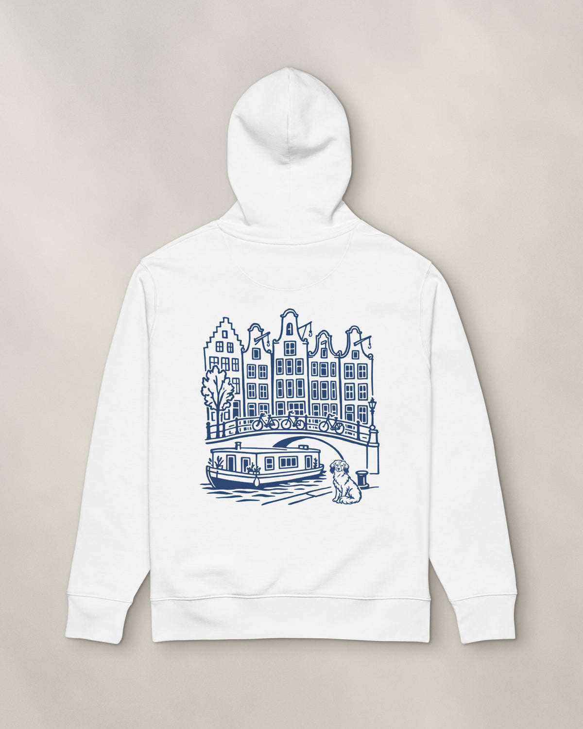 Amsterdam Chapter Hoodie - White, back: the canal in navy ink, 30 cm wide