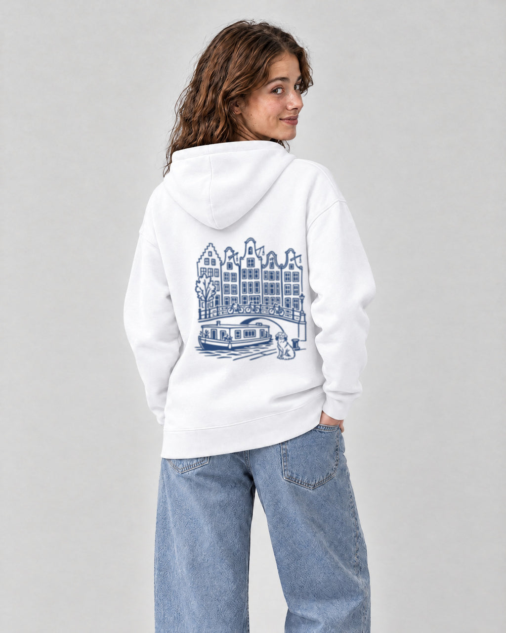 Amsterdam Chapter Hoodie - White on a model, from behind