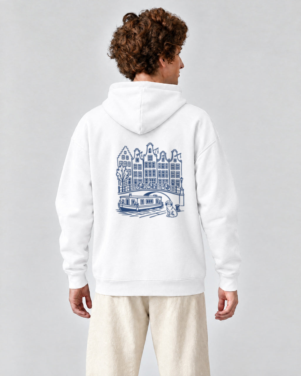 Amsterdam Chapter Hoodie - White on a model, from behind