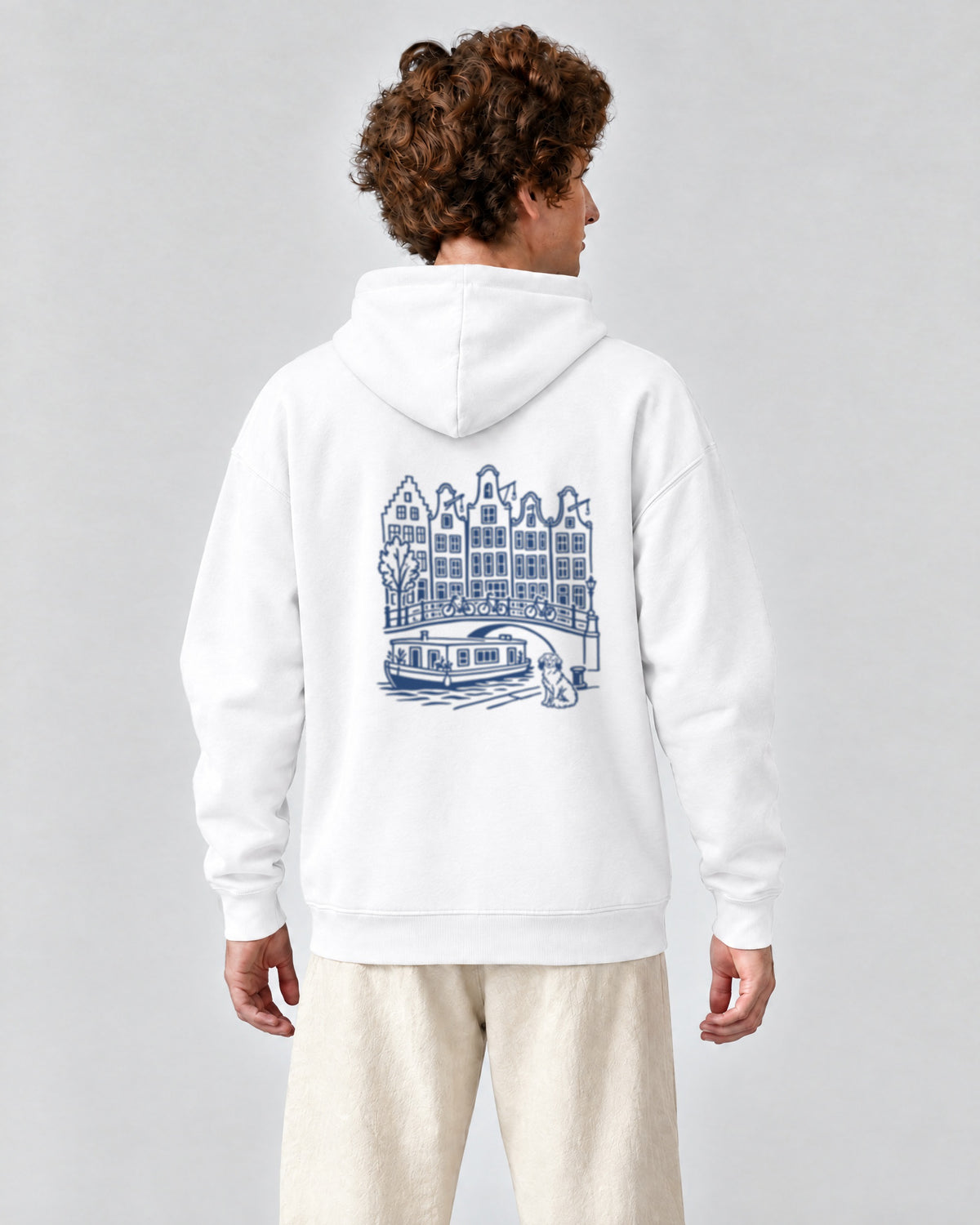 Amsterdam Chapter Hoodie - White on a model, from behind