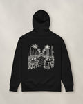 Marbella Chapter Hoodie - Black, back: the marina in cream ink, 30 cm wide