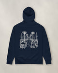 Marbella Chapter Hoodie - Navy, back: the marina in cream ink, 30 cm wide