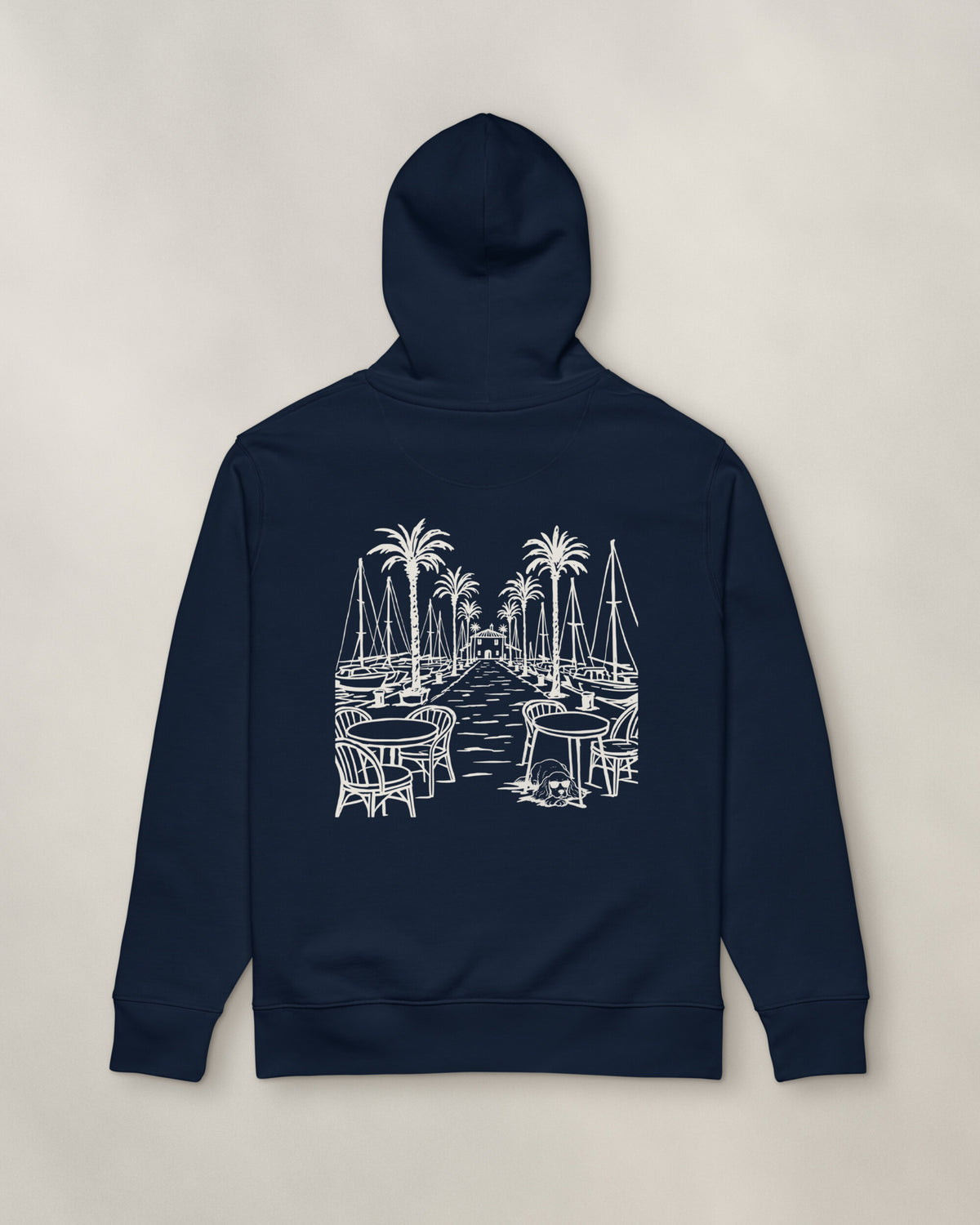 Marbella Chapter Hoodie - Navy, back: the marina in cream ink, 30 cm wide