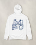 Marbella Chapter Hoodie - White, back: the marina in navy ink, 30 cm wide