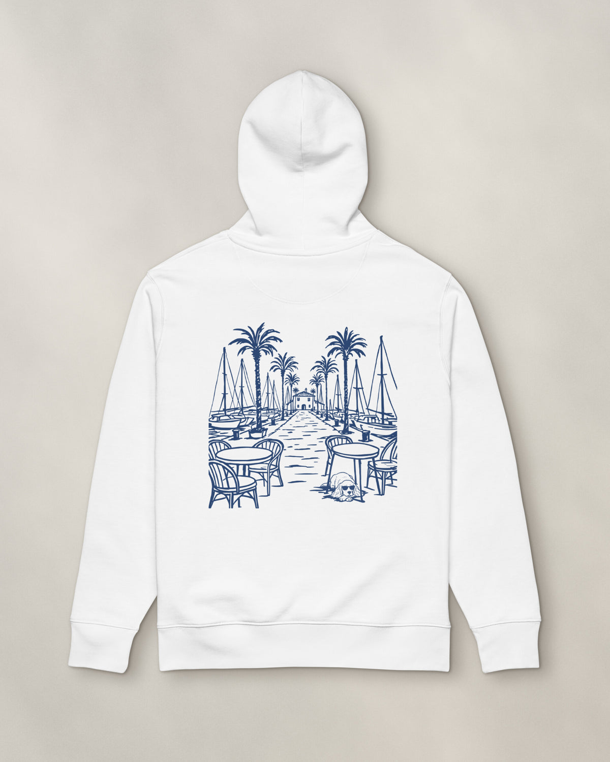 Marbella Chapter Hoodie - White, back: the marina in navy ink, 30 cm wide