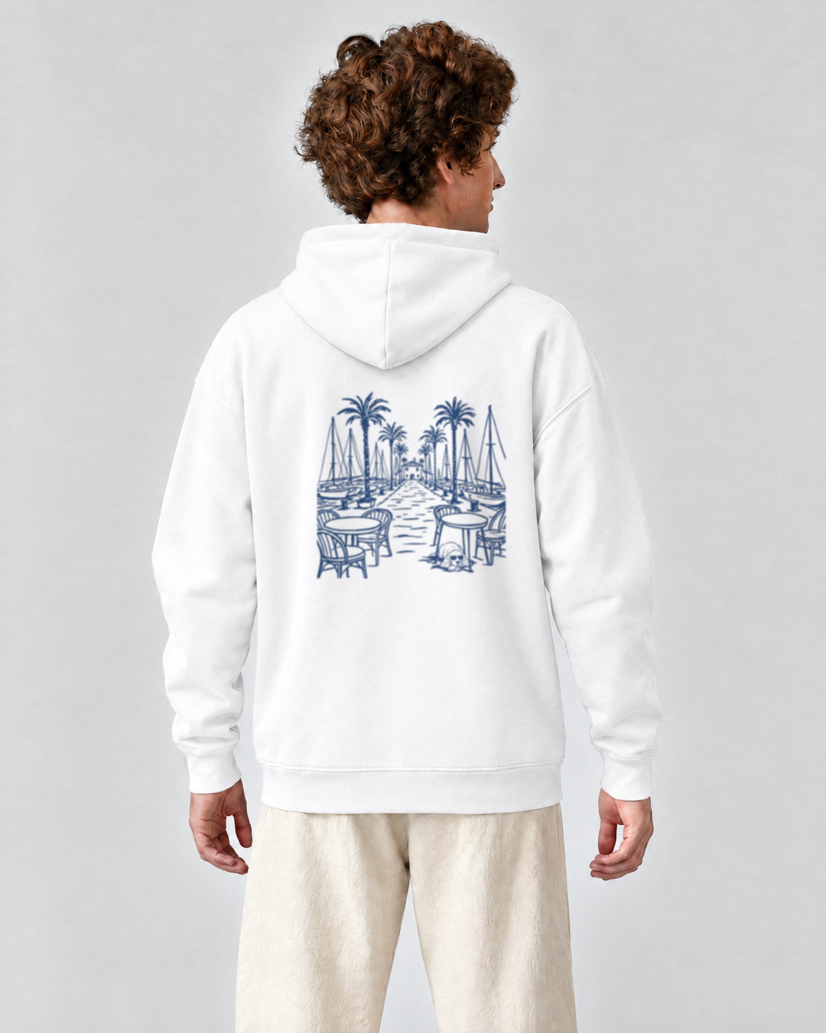 Marbella Chapter Hoodie - White on a model, from behind