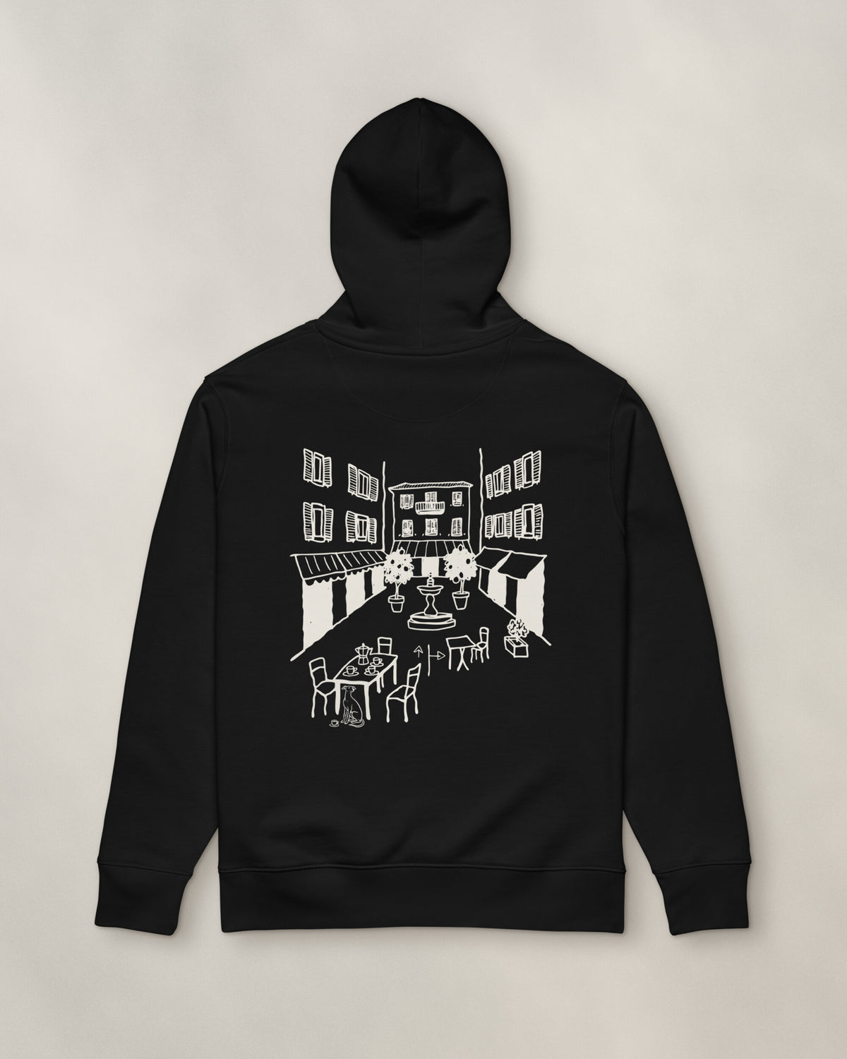 Milano Chapter Hoodie - Black, back: the piazza in cream ink, 30 cm wide