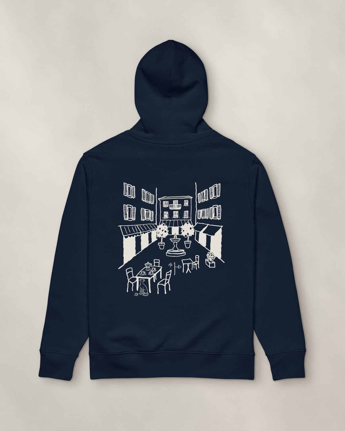 Milano Chapter Hoodie - Navy, back: the piazza in cream ink, 30 cm wide