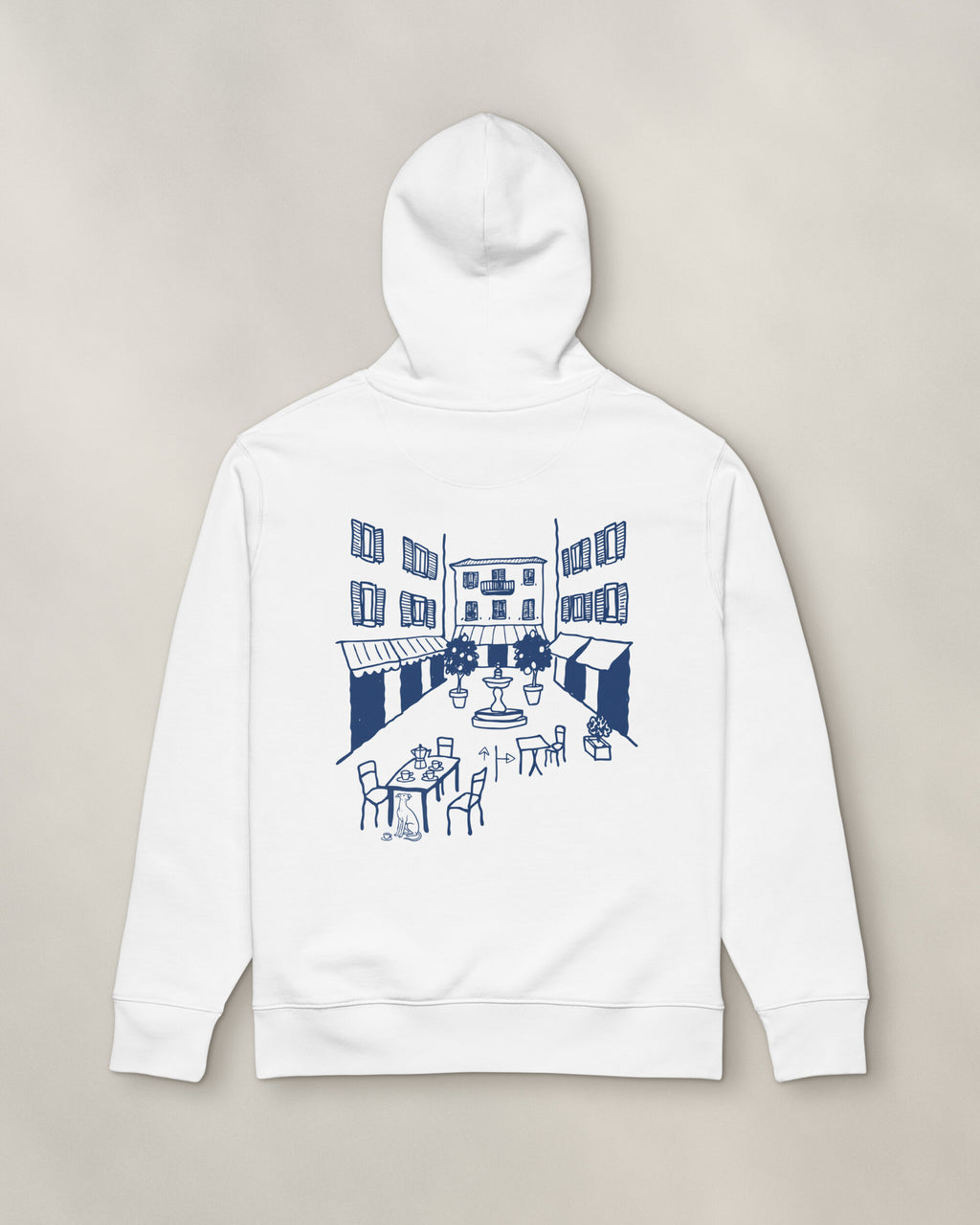 Milano Chapter Hoodie - White, back: the piazza in navy ink, 30 cm wide