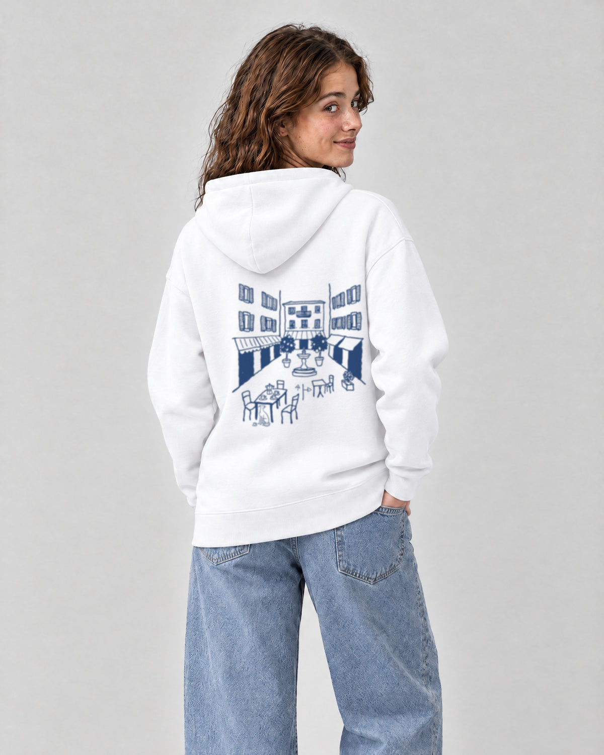 Milano Chapter Hoodie - White on a model, from behind