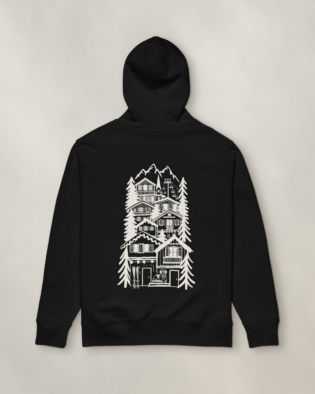 St Moritz Chapter Hoodie - Black, back: the alpine village in cream ink, 39 cm tall