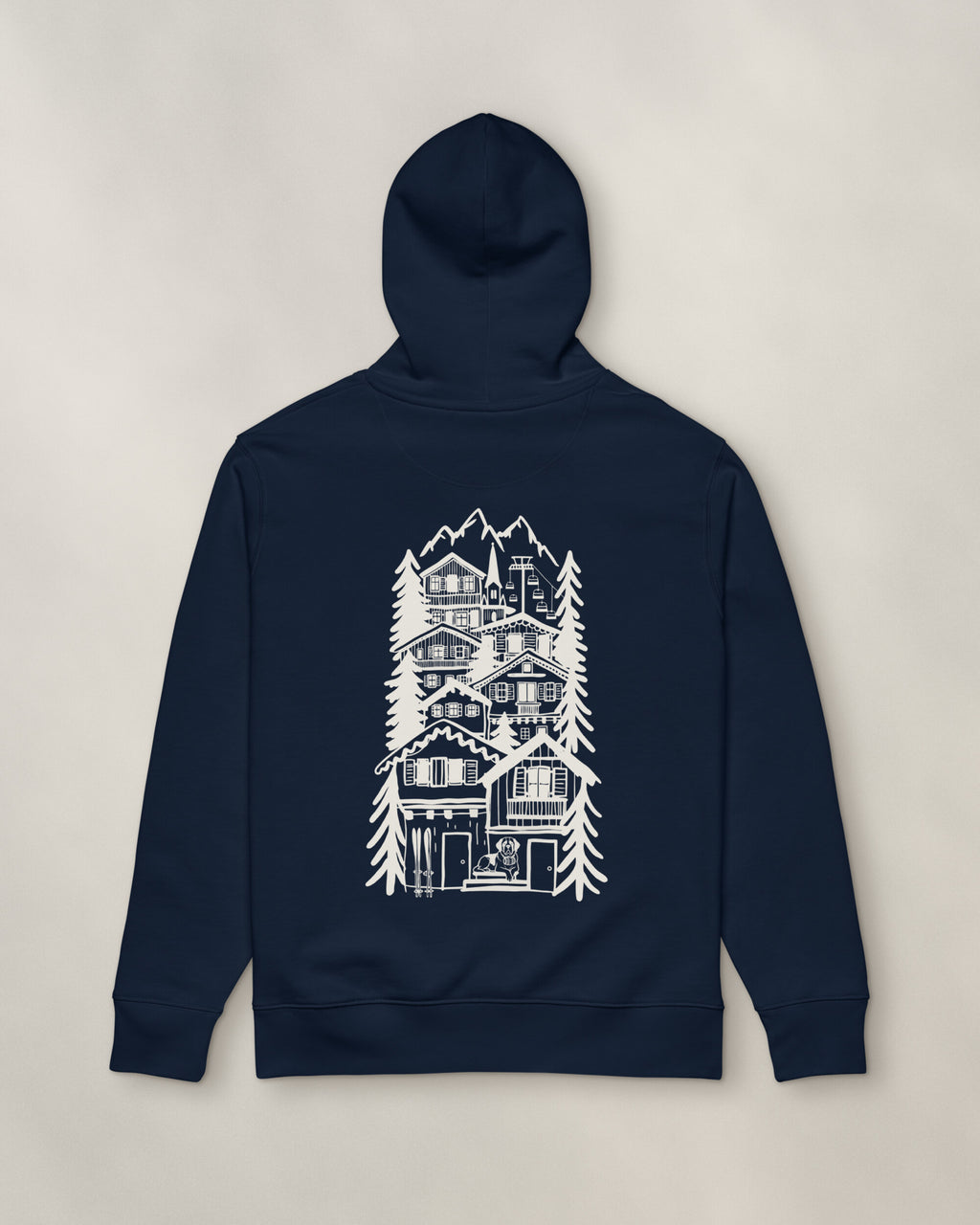 St Moritz Chapter Hoodie - Navy, back: the alpine village in cream ink, 39 cm tall