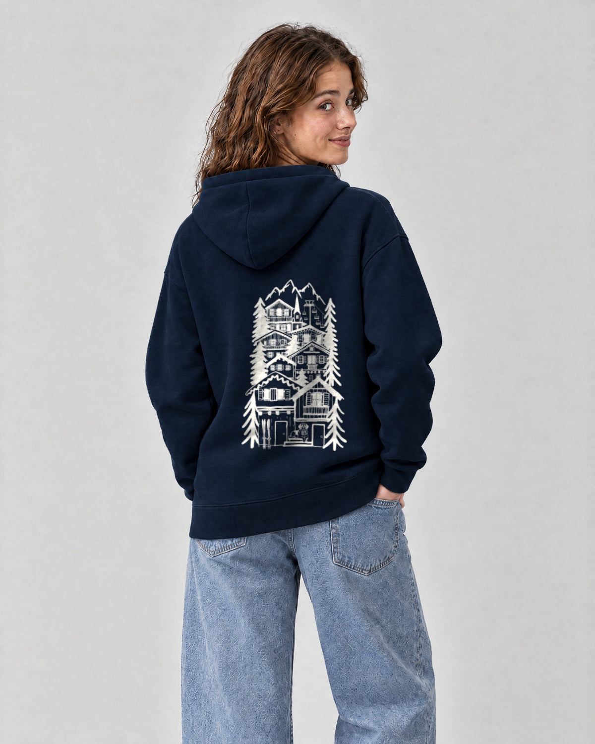 St Moritz Chapter Hoodie - Navy on a model, from behind