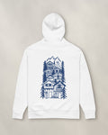 St Moritz Chapter Hoodie - White, back: the alpine village in navy ink, 39 cm tall