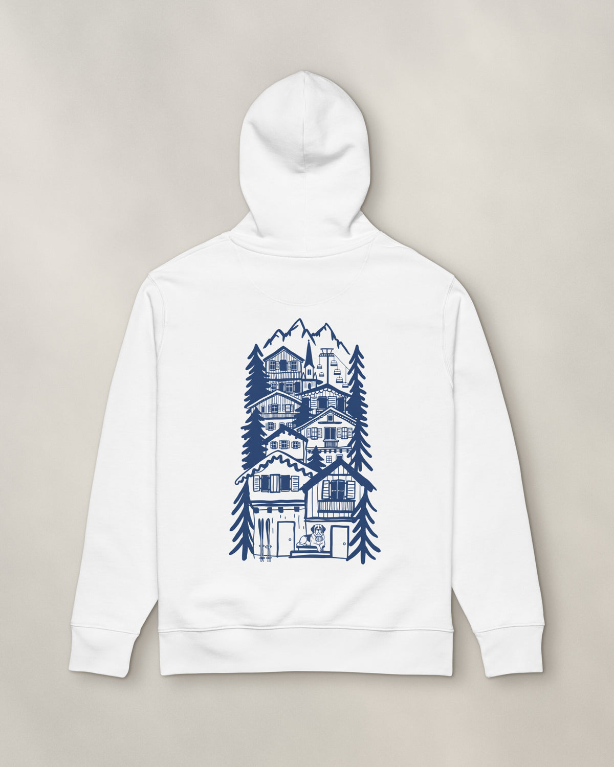 St Moritz Chapter Hoodie - White, back: the alpine village in navy ink, 39 cm tall
