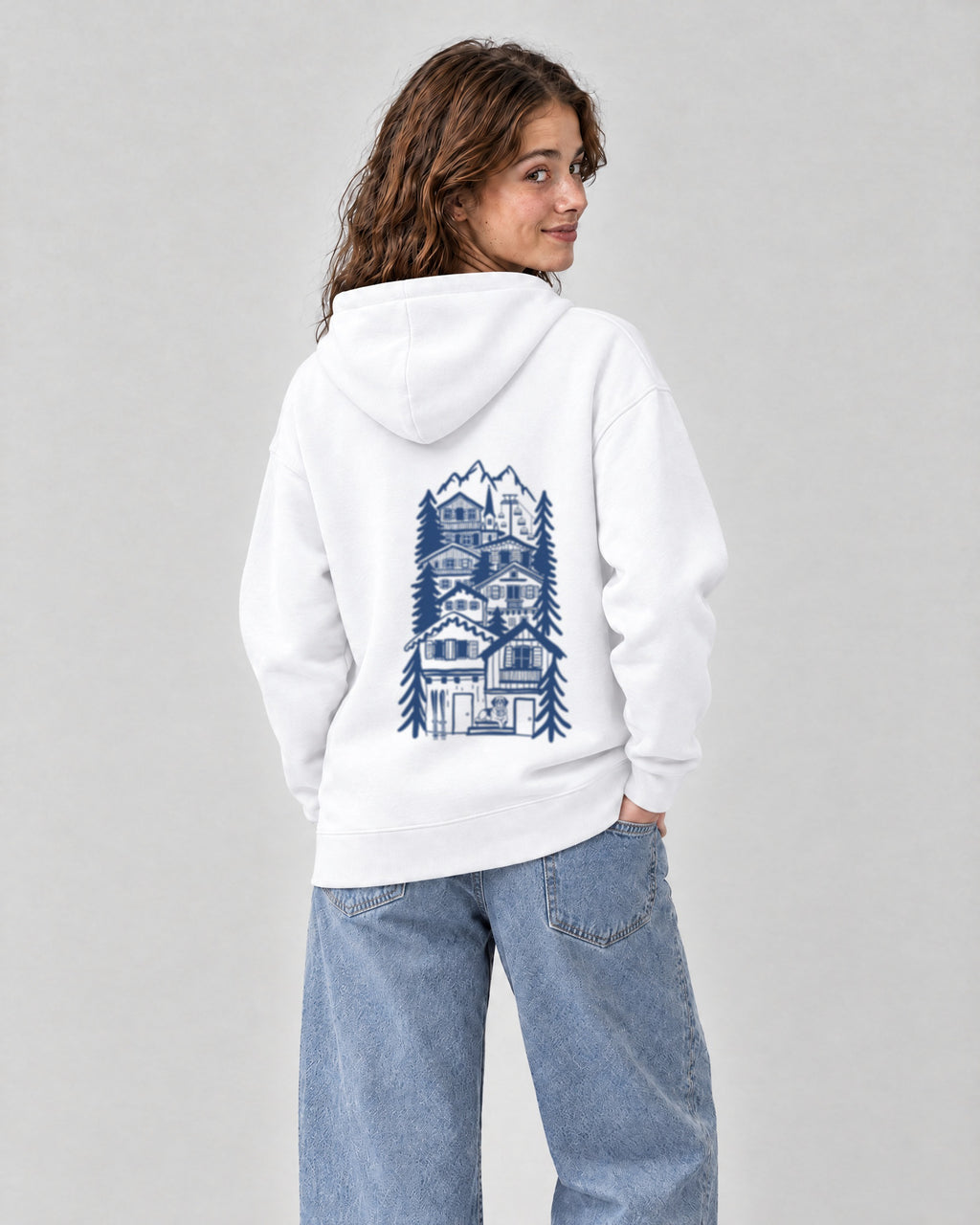St Moritz Chapter Hoodie - White on a model, from behind