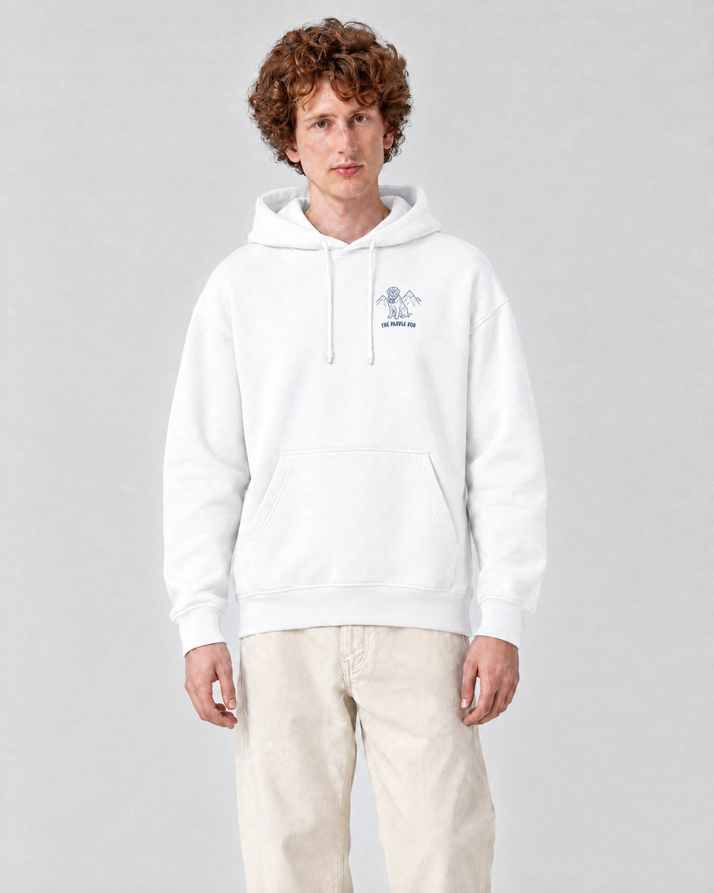St Moritz Chapter Hoodie - White on a model, from the front