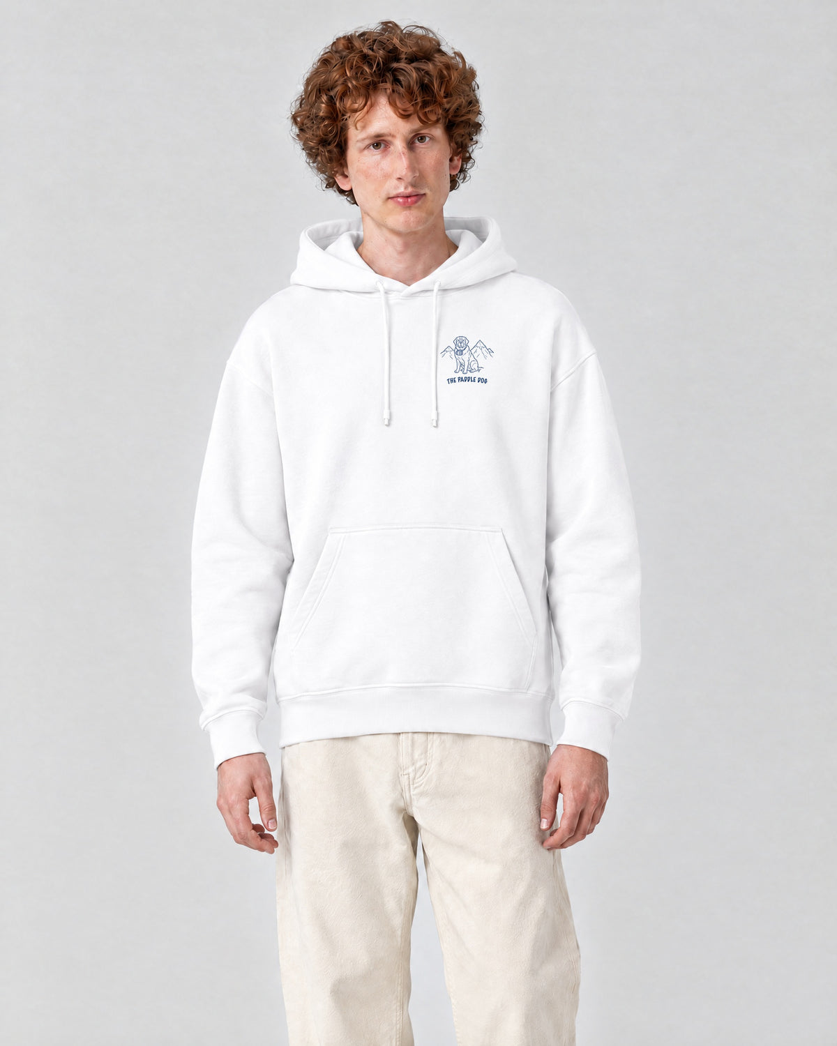 St Moritz Chapter Hoodie - White on a model, from the front