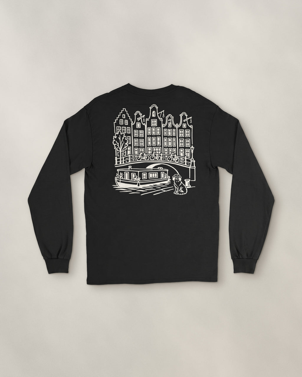 Amsterdam Chapter Long Sleeve - Black, back: the canal in cream ink, 30 cm wide