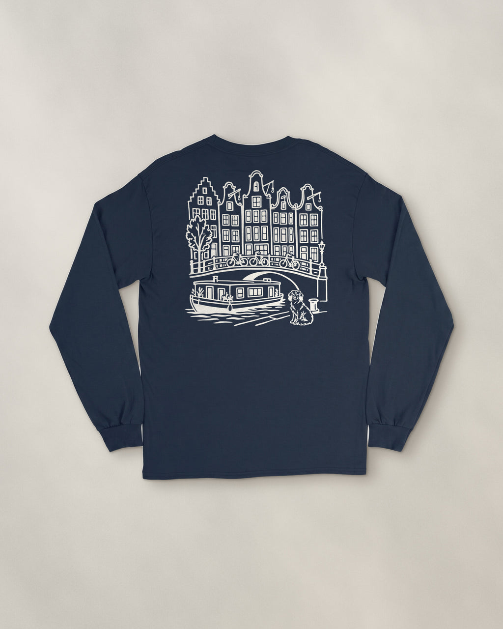 Amsterdam Chapter Long Sleeve - Navy, back: the canal in cream ink, 30 cm wide