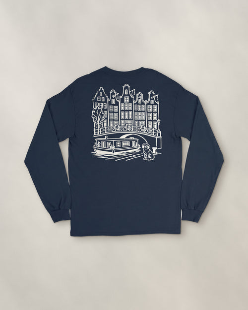 Amsterdam Chapter Long Sleeve - Navy, back: the canal in cream ink, 30 cm wide