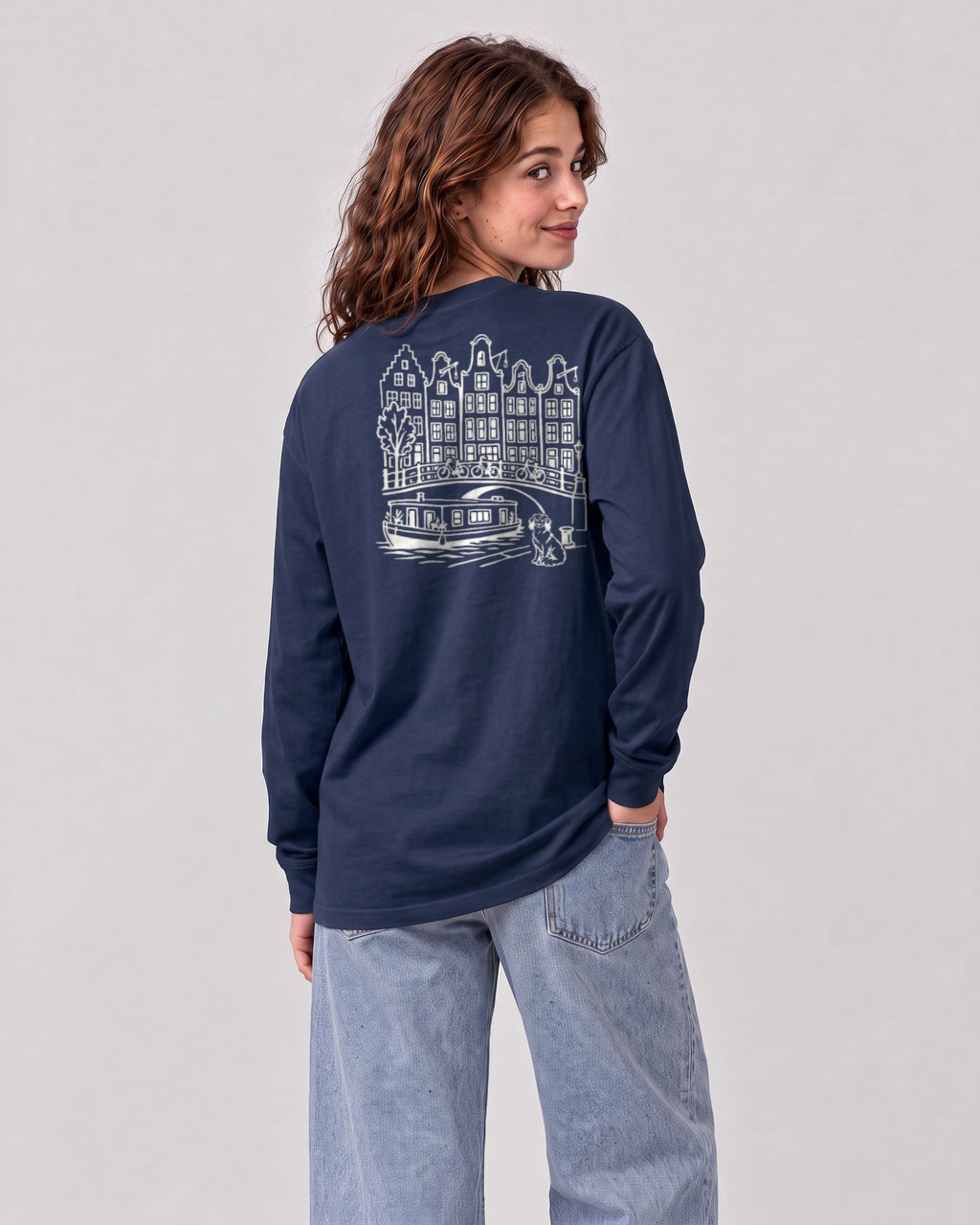 Amsterdam Chapter Long Sleeve - Navy on a model, from behind