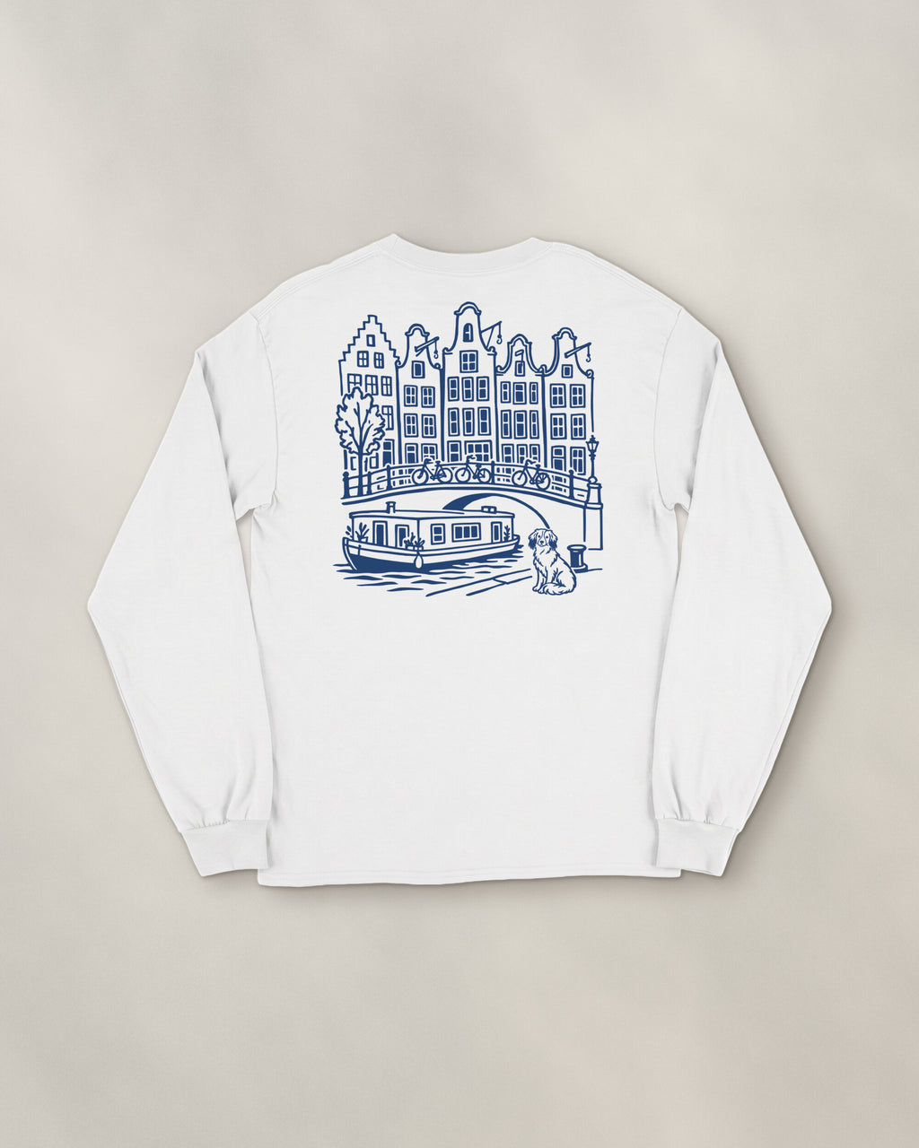 Amsterdam Chapter Long Sleeve - White, back: the canal in navy ink, 30 cm wide