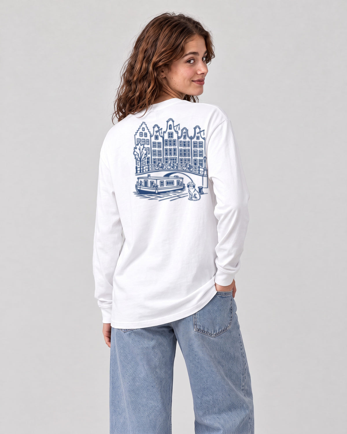 Amsterdam Chapter Long Sleeve - White on a model, from behind