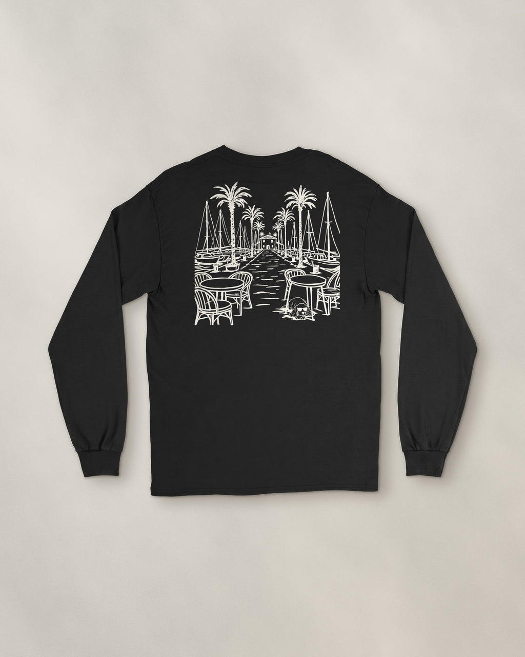 Marbella Chapter Long Sleeve - Black, back: the marina in cream ink, 30 cm wide