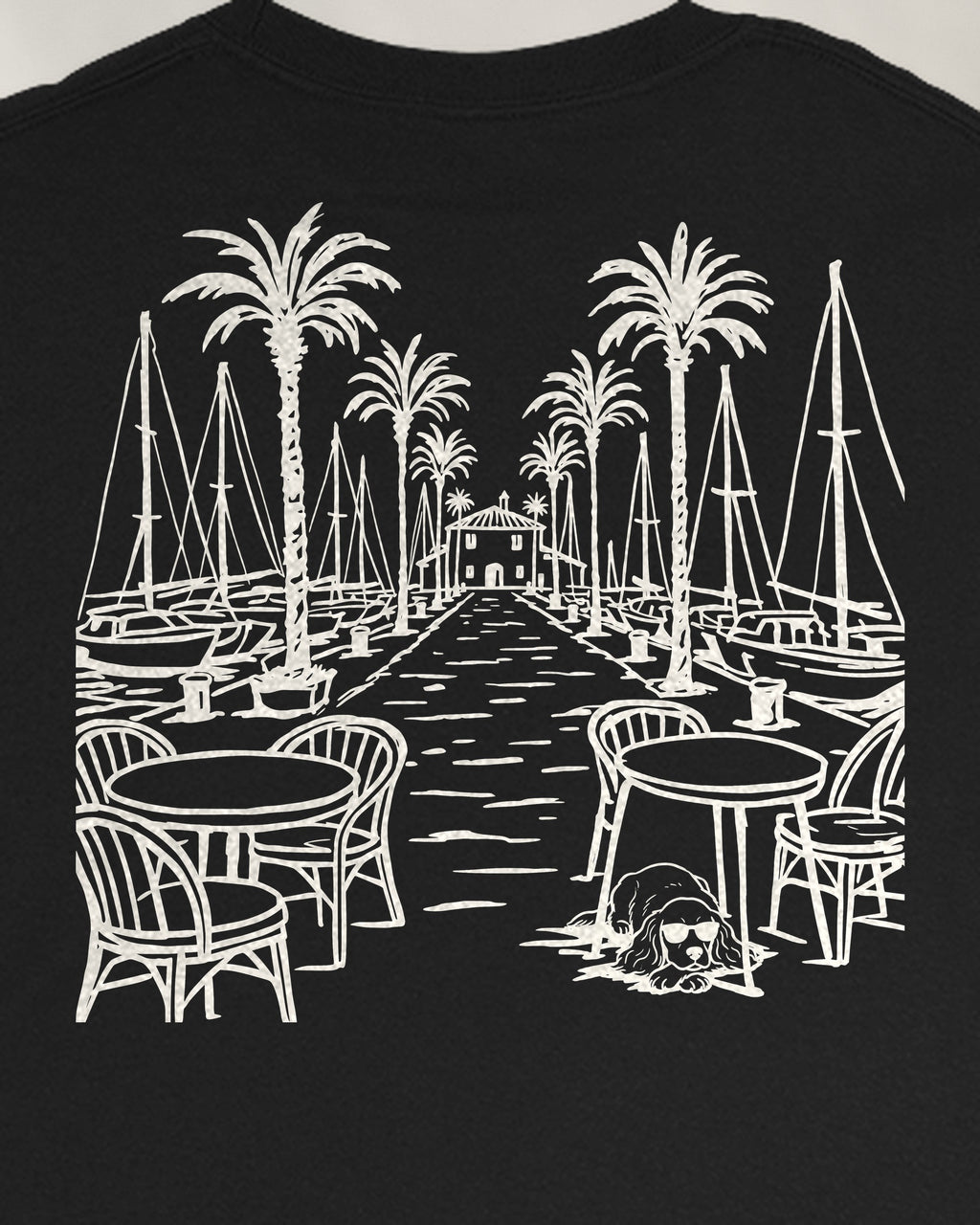 Marbella Chapter Long Sleeve - Black, close-up of the marina on the back