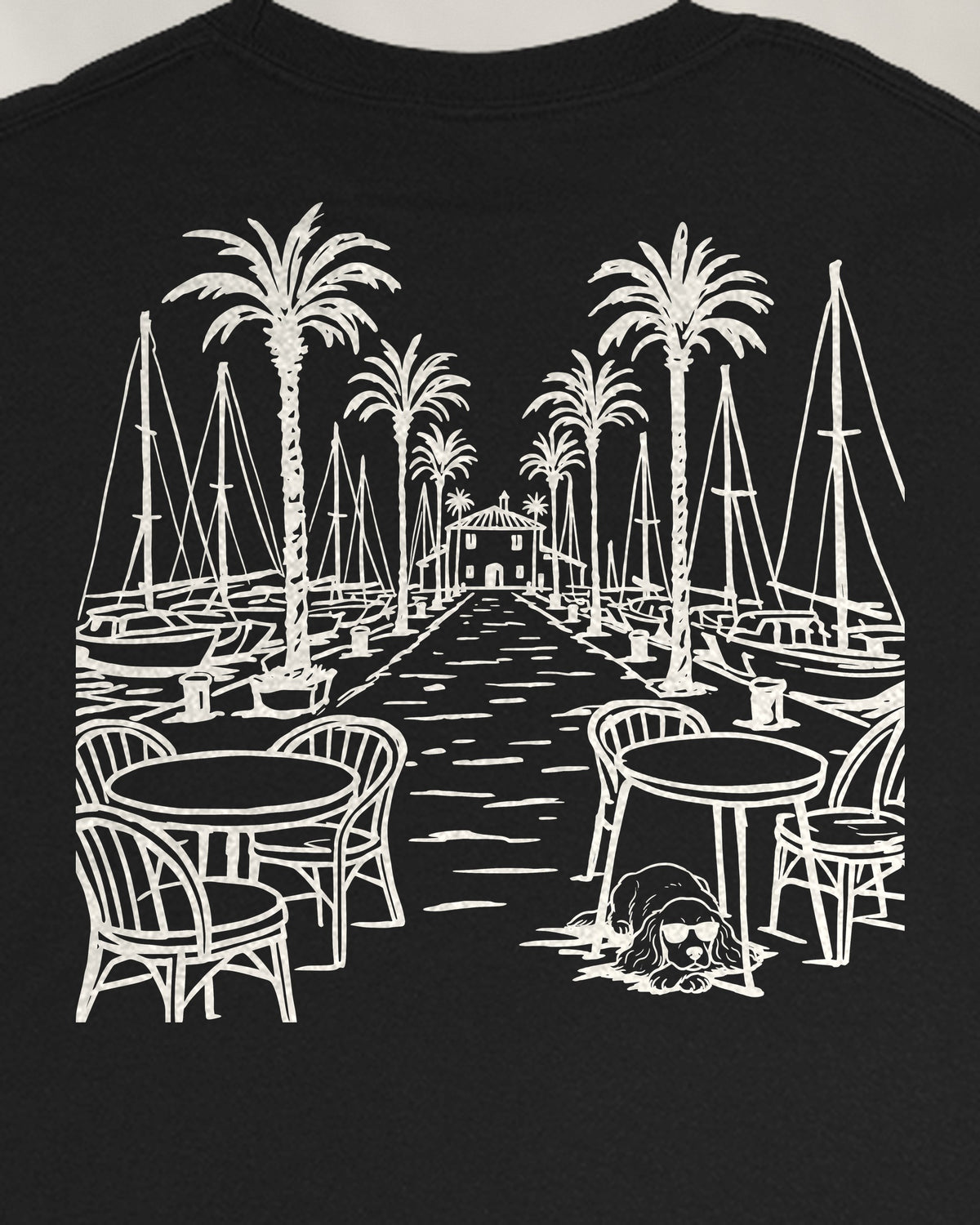 Marbella Chapter Long Sleeve - Black, close-up of the marina on the back