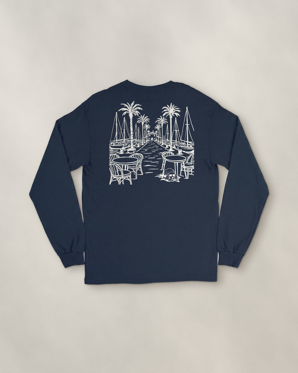 Marbella Chapter Long Sleeve - Navy, back: the marina in cream ink, 30 cm wide