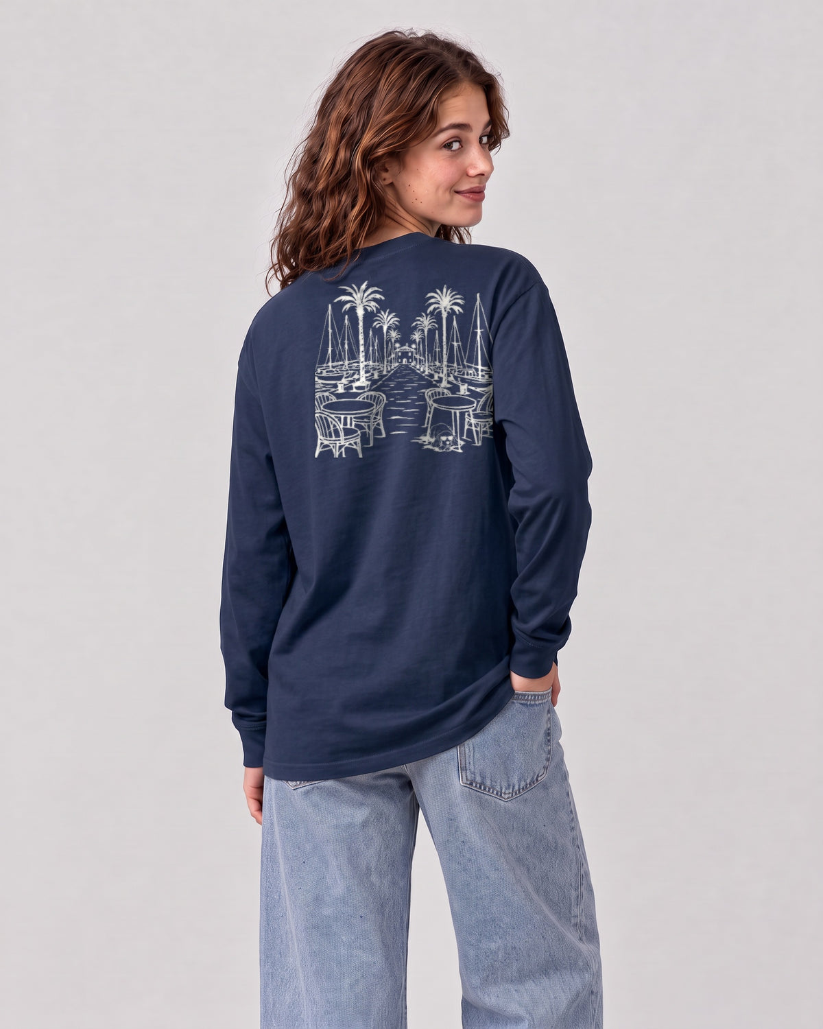 Marbella Chapter Long Sleeve - Navy on a model, from behind