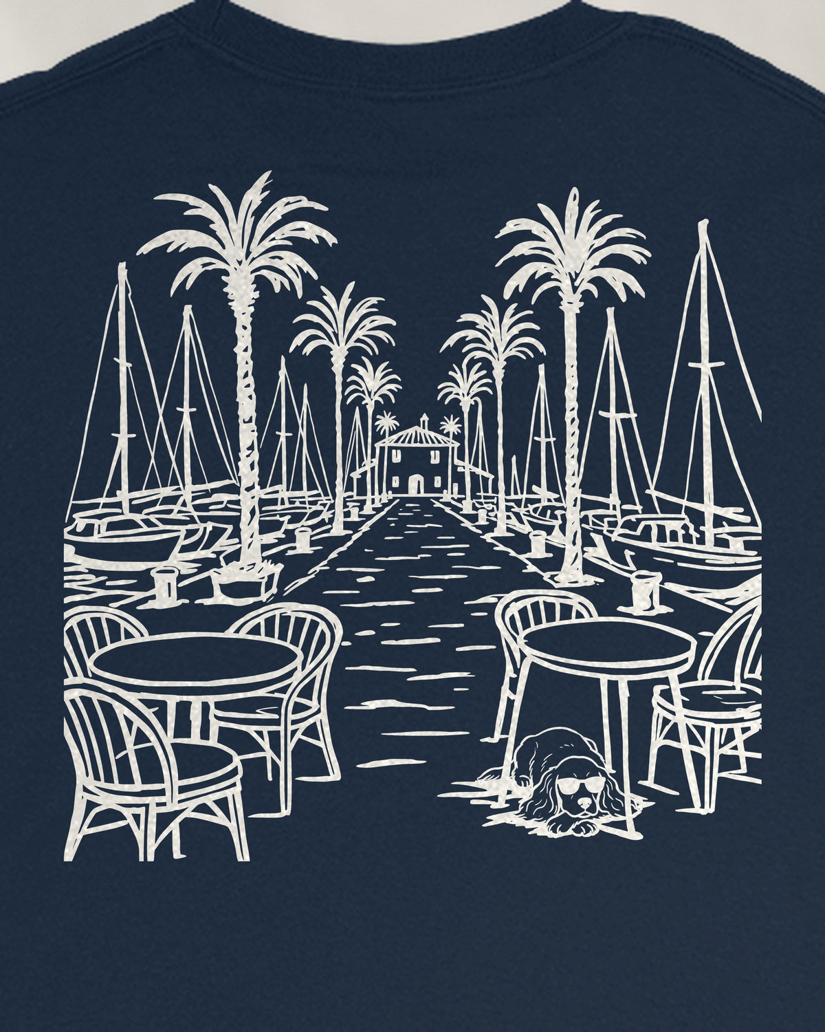 Marbella Chapter Long Sleeve - Navy, close-up of the marina on the back