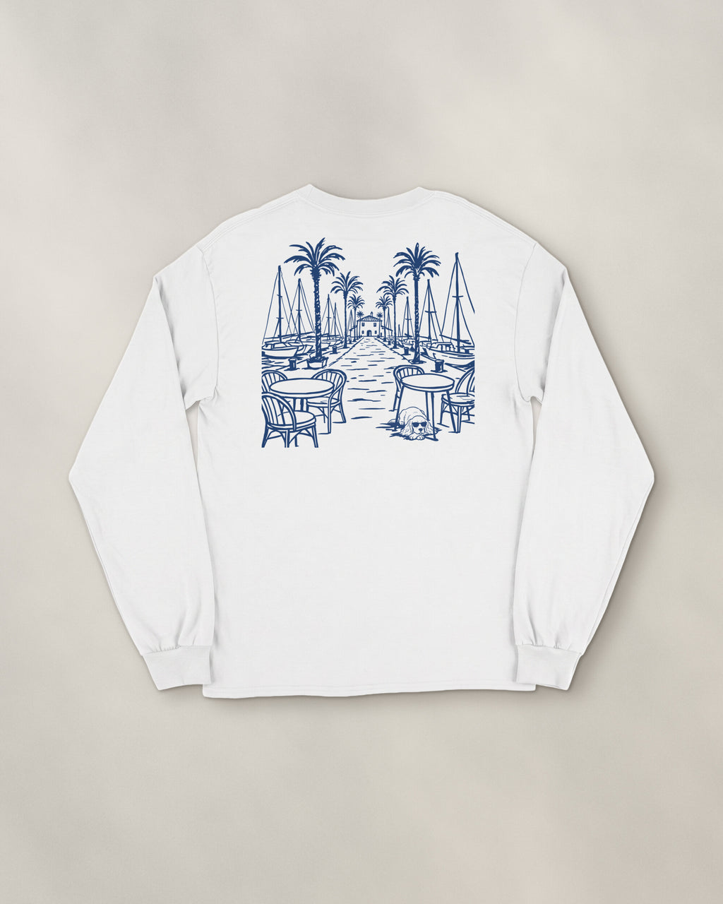 Marbella Chapter Long Sleeve - White, back: the marina in navy ink, 30 cm wide