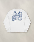 Marbella Chapter Long Sleeve - White, back: the marina in navy ink, 30 cm wide