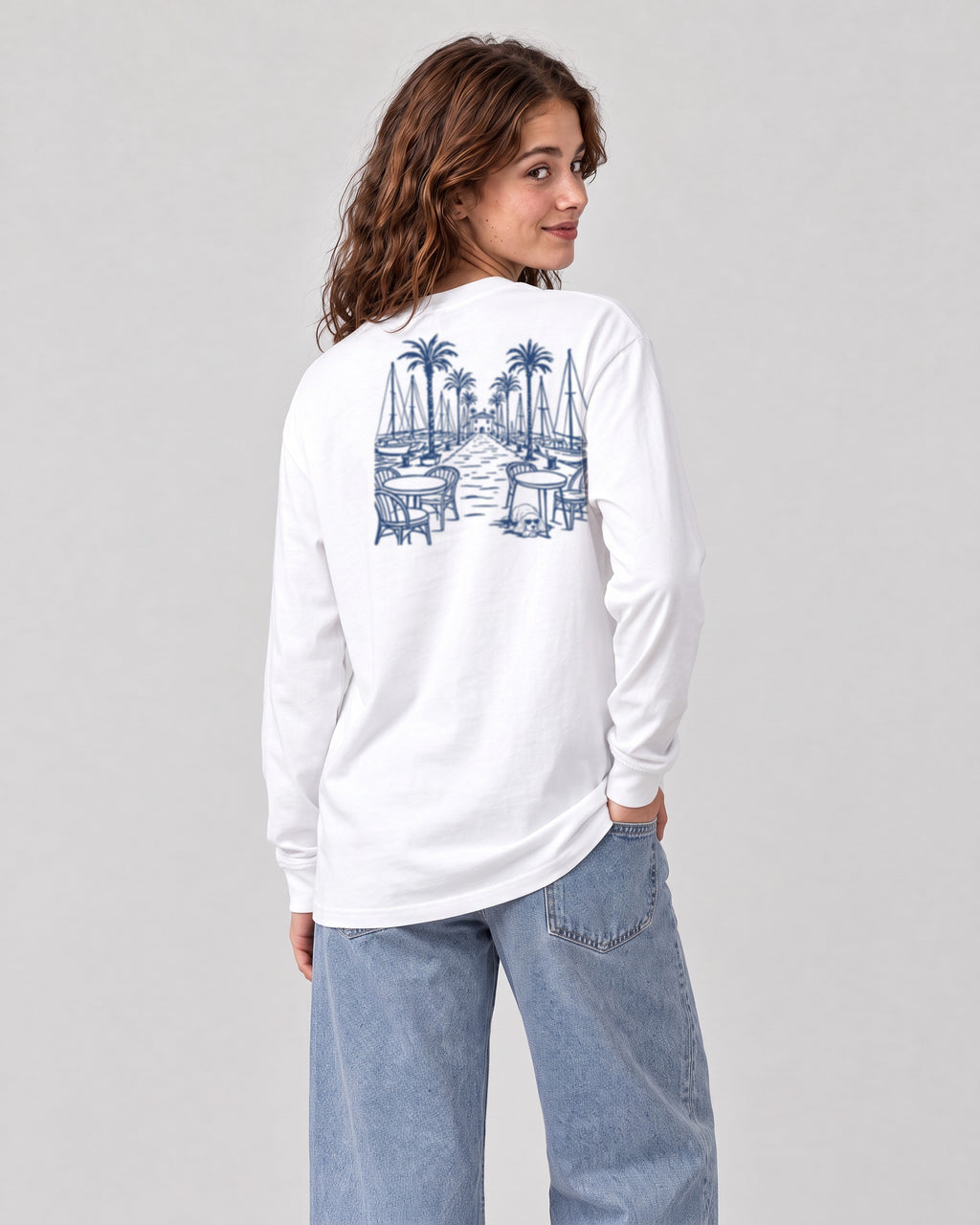 Marbella Chapter Long Sleeve - White on a model, from behind
