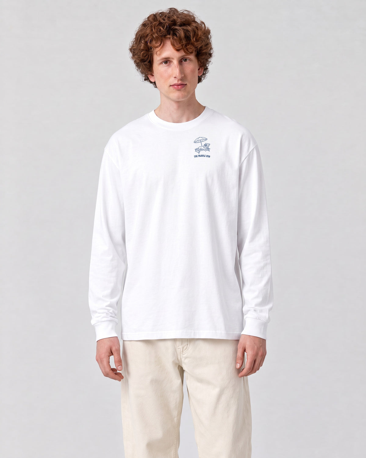 Marbella Chapter Long Sleeve - White on a model, from the front