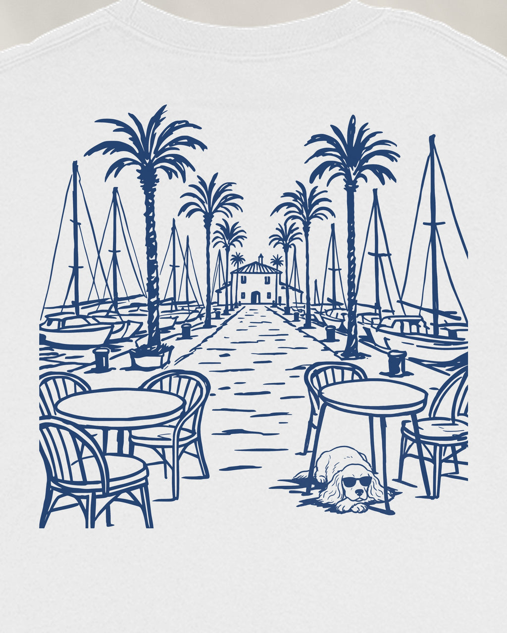 Marbella Chapter Long Sleeve - White, close-up of the marina on the back