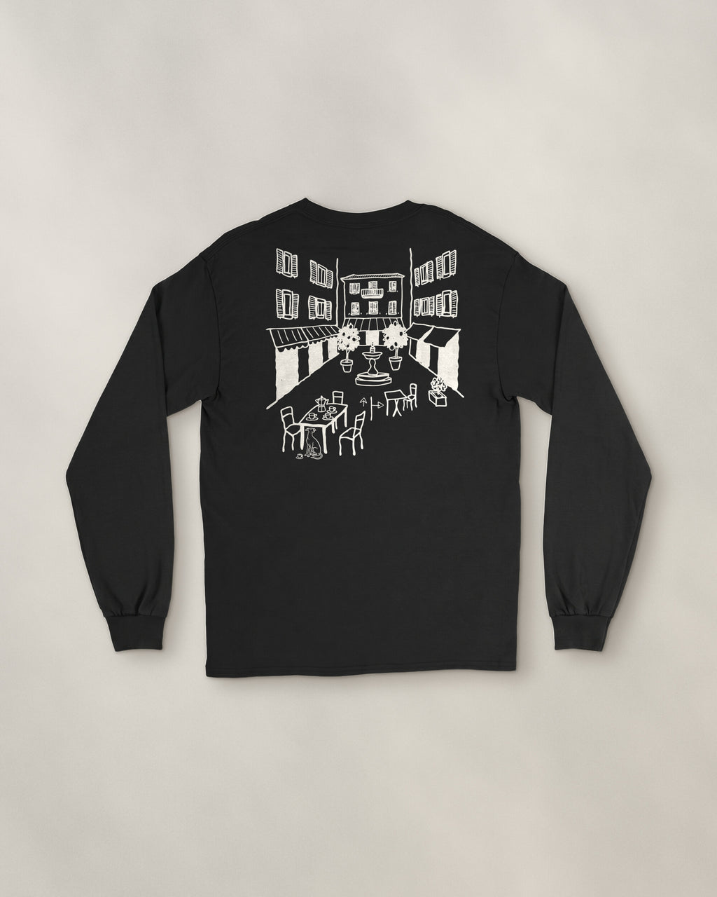 Milano Chapter Long Sleeve - Black, back: the piazza in cream ink, 30 cm wide