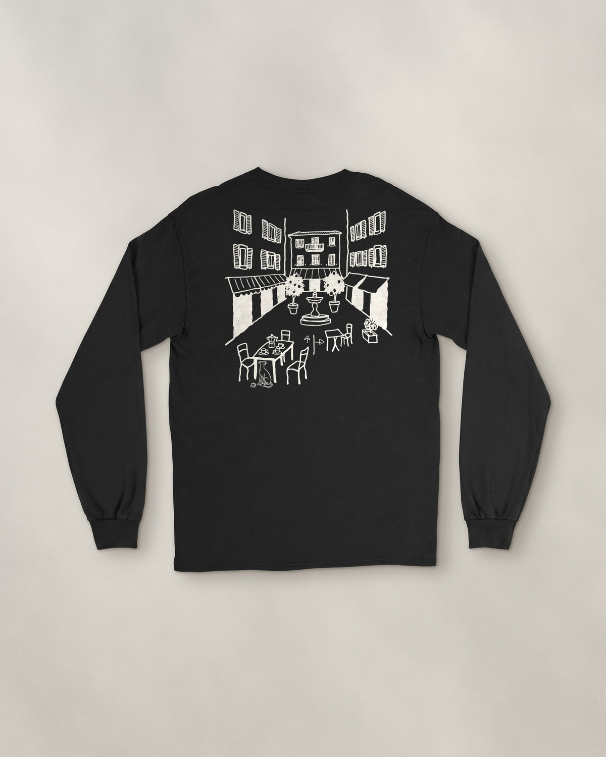 Milano Chapter Long Sleeve - Black, back: the piazza in cream ink, 30 cm wide