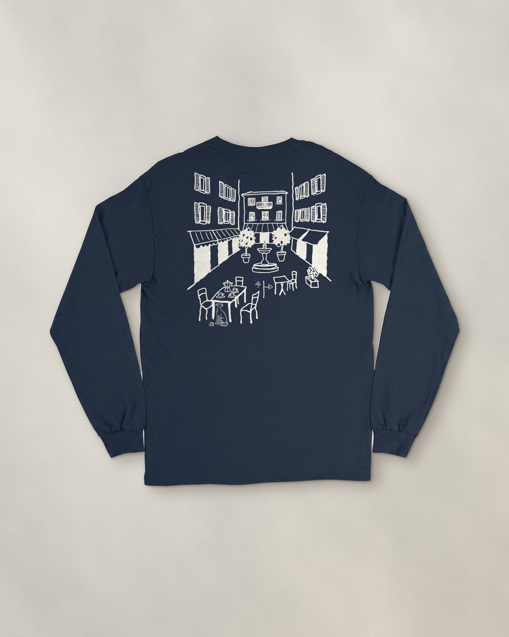 Milano Chapter Long Sleeve - Navy, back: the piazza in cream ink, 30 cm wide