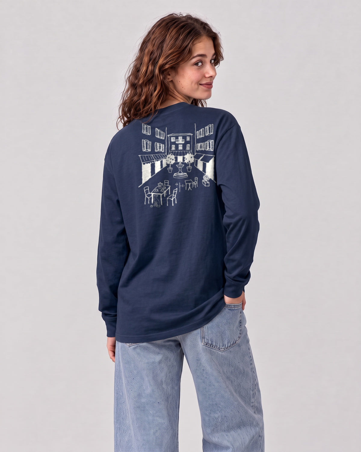 Milano Chapter Long Sleeve - Navy on a model, from behind