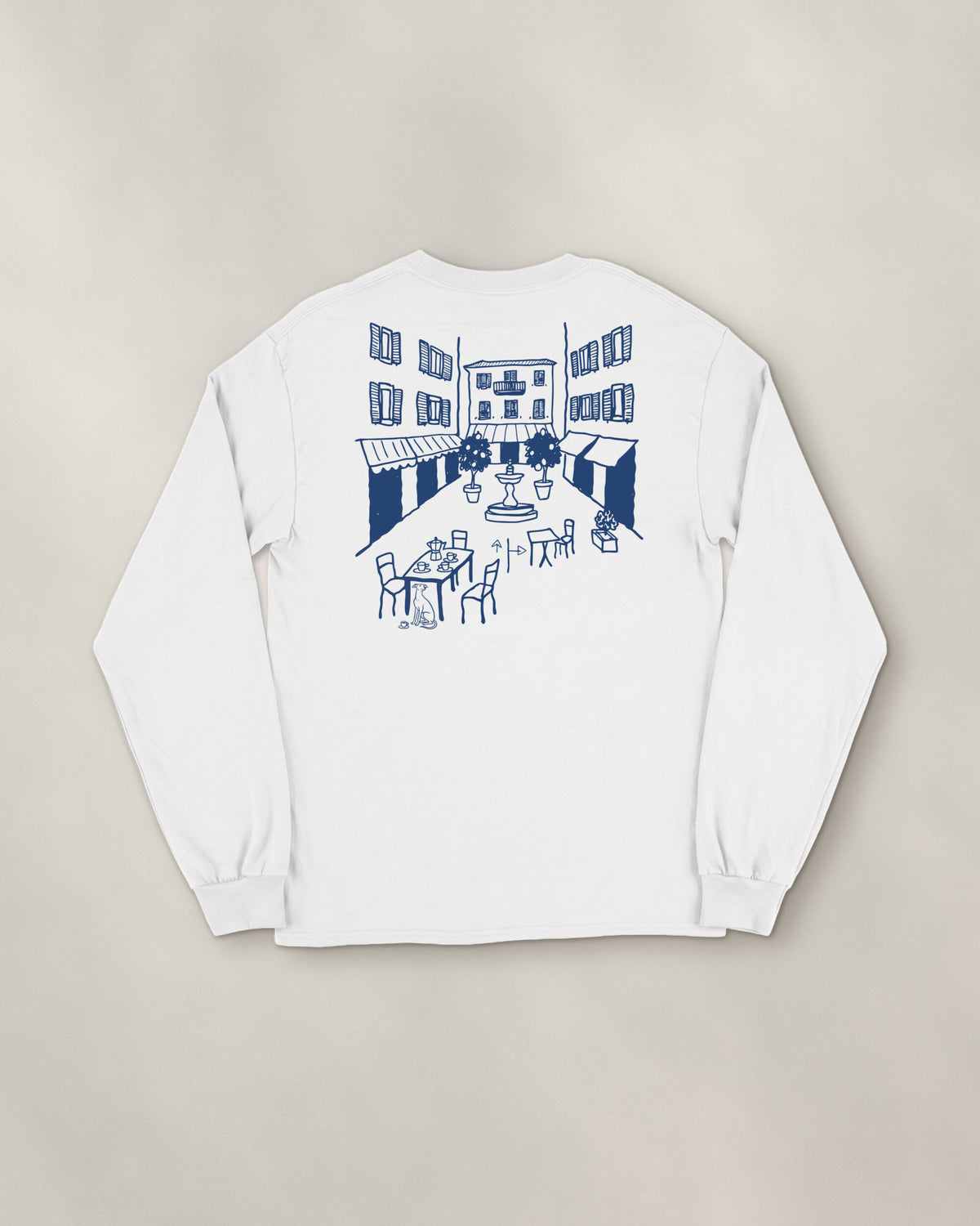 Milano Chapter Long Sleeve - White, back: the piazza in navy ink, 30 cm wide