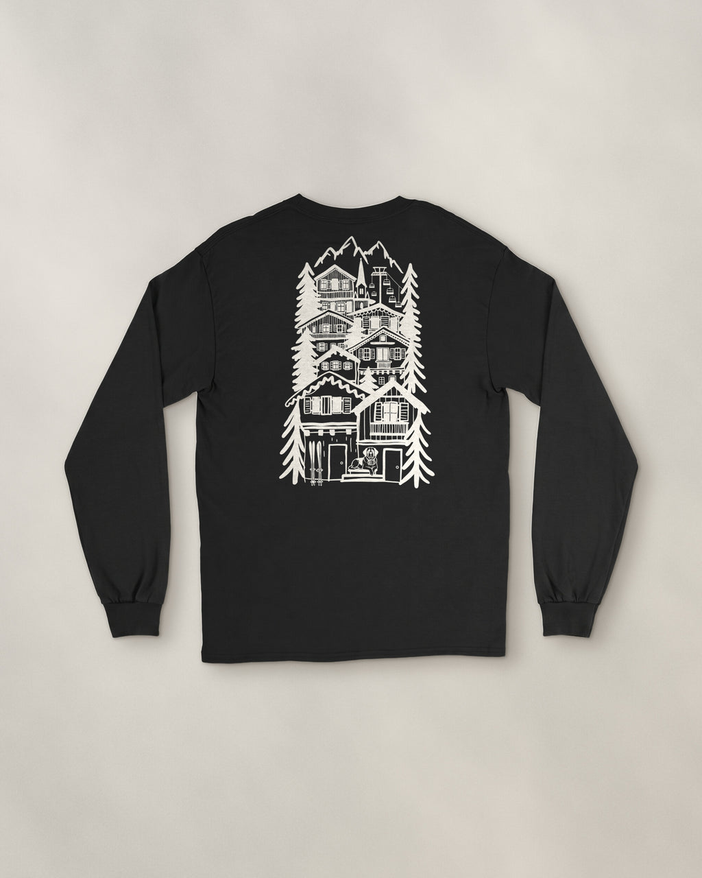 St Moritz Chapter Long Sleeve - Black, back: the alpine village in cream ink, 39 cm tall